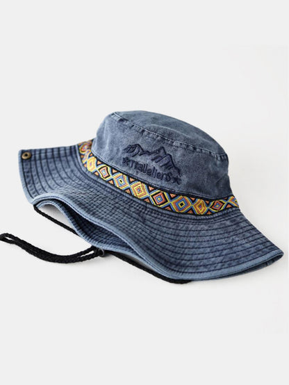 Chapéu Boonie vintage para atividades ao ar livre, com bordado de montanha, faixa étnica e proteção solar para trilhas