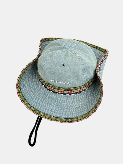 Chapéu Boonie de Sarja Boho Étnico com Acabamento Trançado