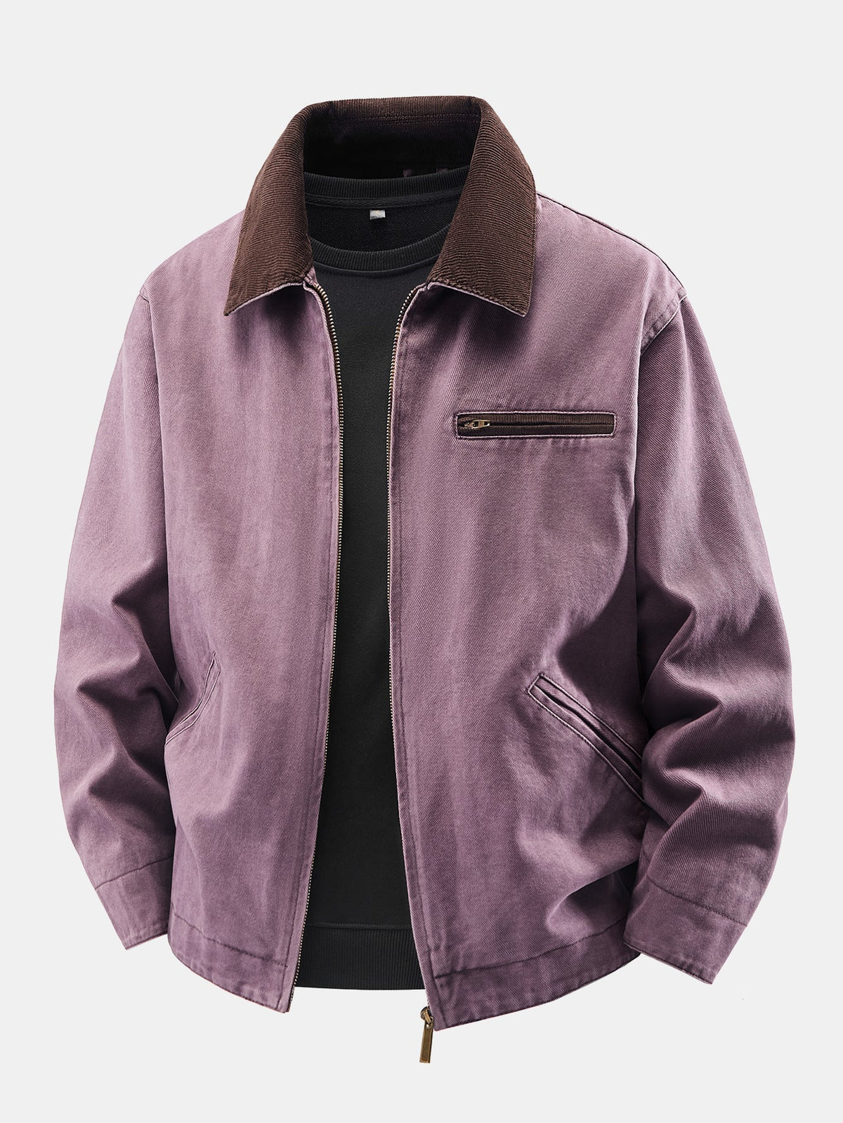 Washed Corduroy Collar Zip Jacket
