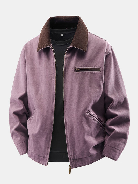 Washed Corduroy Collar Zip Jacket