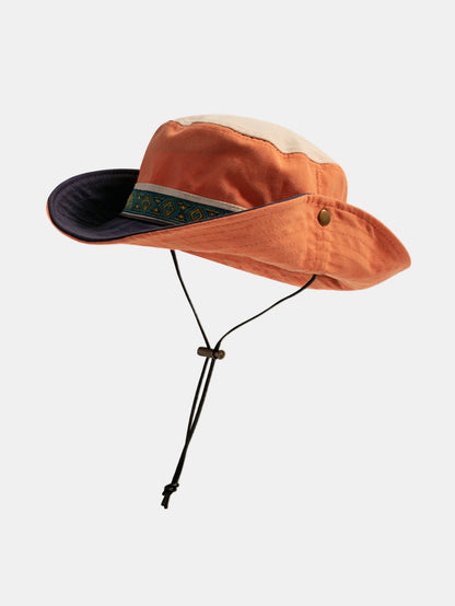 Chapéu boonie étnico para atividades ao ar livre, com faixa trançada e aba larga, para proteção solar
