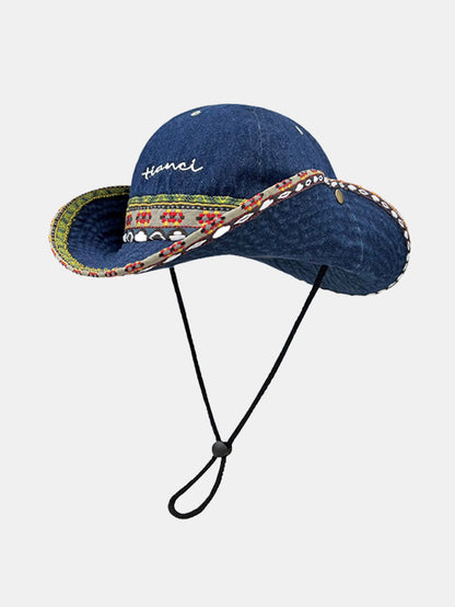 Chapéu Boonie de Sarja Boho Étnico com Acabamento Trançado