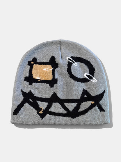 Gorro de malha com padrão de rosto de fantasma de desenho animado em estilo grunge