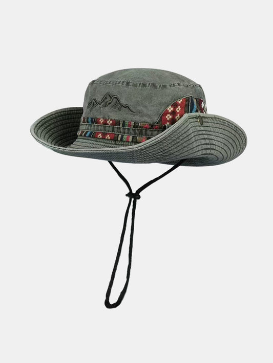 Chapéu boonie para sol e atividades ao ar livre, lavado, com faixa étnica e bordado de montanha