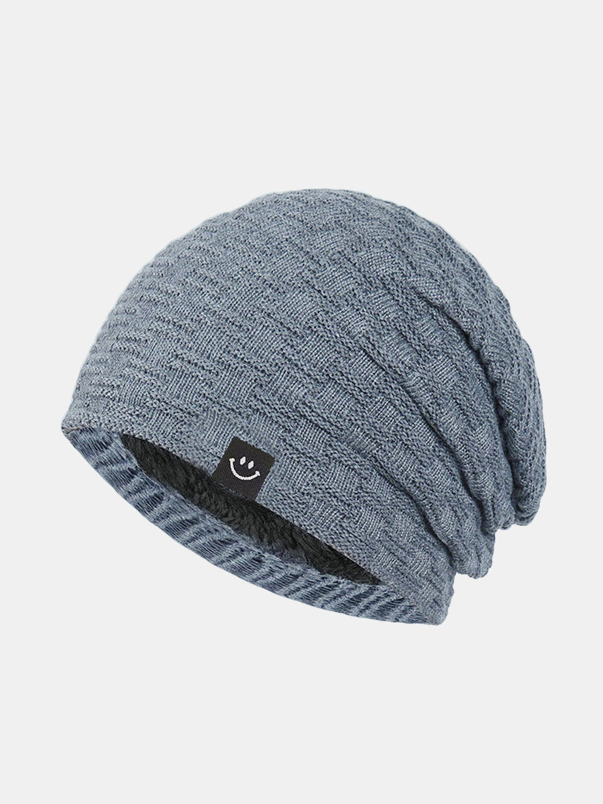 Fleece-Lined Smiley Patch Knit Beanie