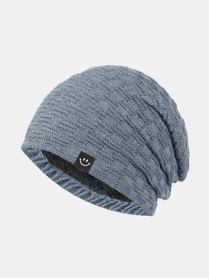 Fleece-Lined Smiley Patch Knit Beanie