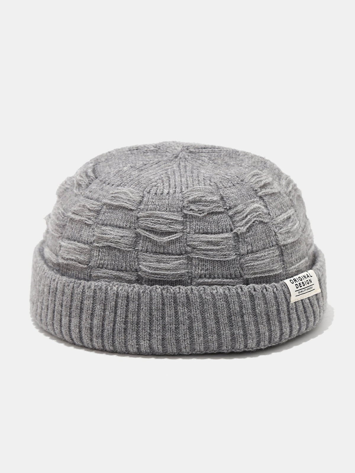 Distressed Check Knit Cuffed Short Beanie
