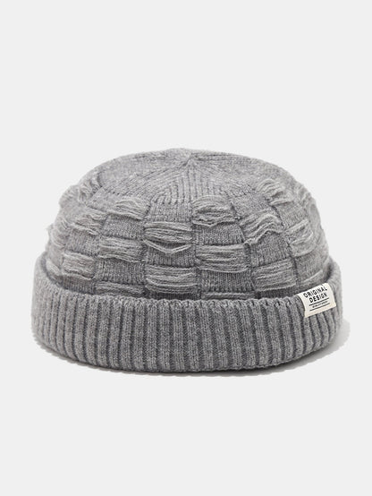 Distressed Check Knit Cuffed Short Beanie