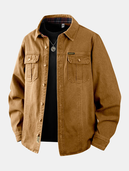 Sobrecamisa utilitária de sarja jeans vintage com lavagem desgastada