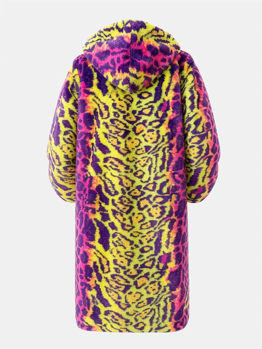 Colourful Leopard Faux Fur Longline Hooded Coat