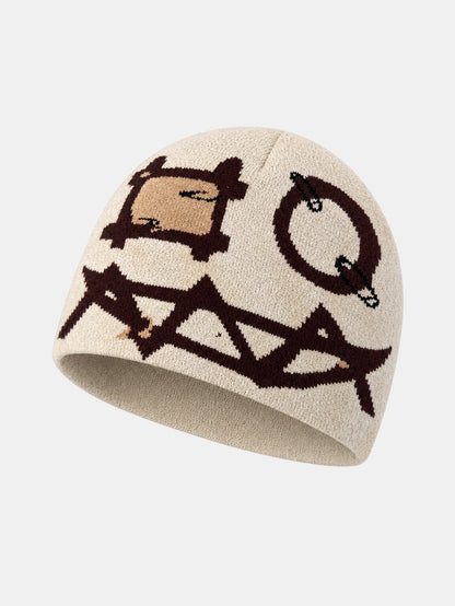 Gorro de malha com padrão de rosto de fantasma de desenho animado em estilo grunge