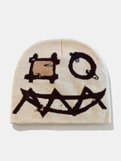 Gorro de malha com padrão de rosto de fantasma de desenho animado em estilo grunge