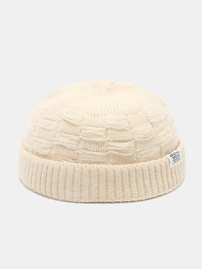 Distressed Check Knit Cuffed Short Beanie