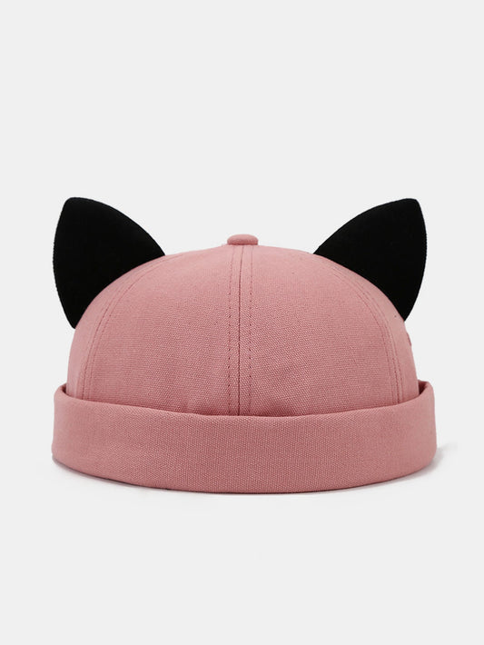Gorro docker de pelúcia de cor sólida com orelhas de gato, punho dobrado, algodão macio e sem aba