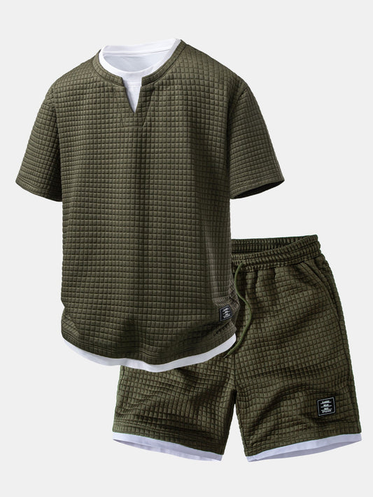 2-in-1 Waffle Notch Neck T-Shirt & 7" Drawstring Shorts Set