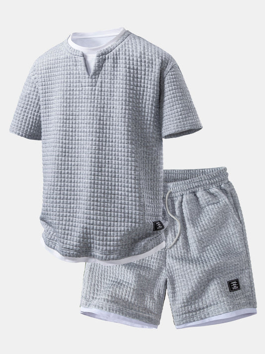 2-in-1 Waffle Notch Neck T-Shirt & 7" Drawstring Shorts Set