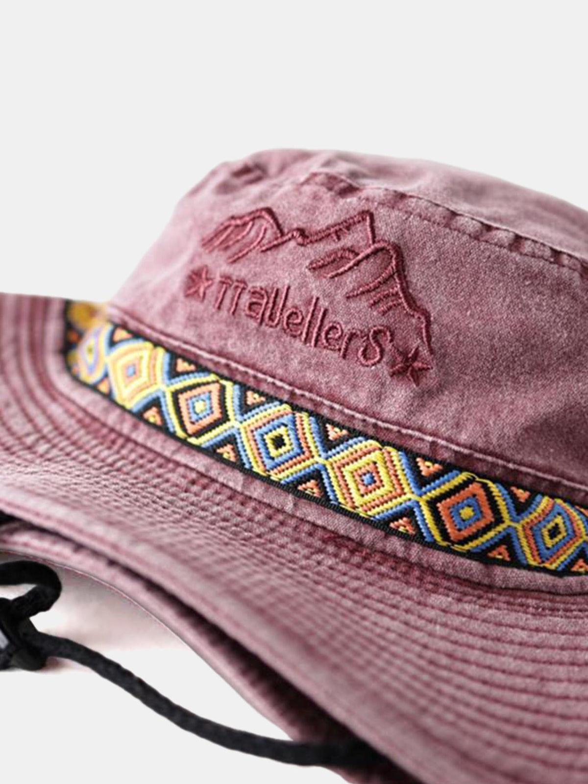 Chapéu Boonie vintage para atividades ao ar livre, com bordado de montanha, faixa étnica e proteção solar para trilhas
