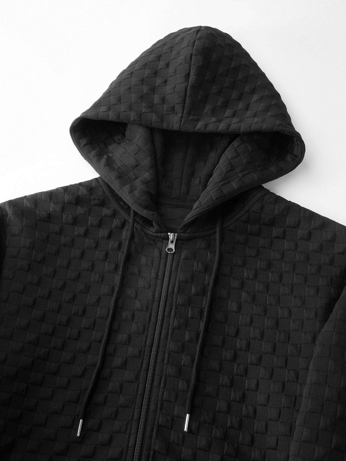 Jaqueta jacquard xadrez com capuz e zíper, corte amplo