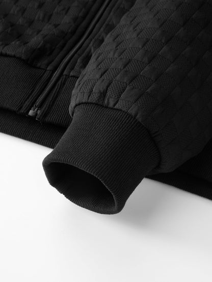 Jaqueta jacquard xadrez com capuz e zíper, corte amplo
