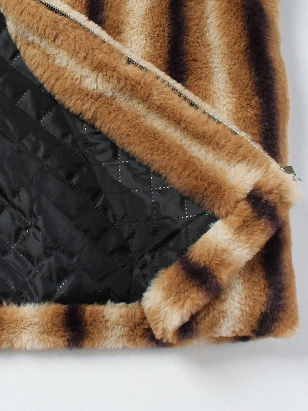 Striped Faux Fur Zip Hooded Jacket