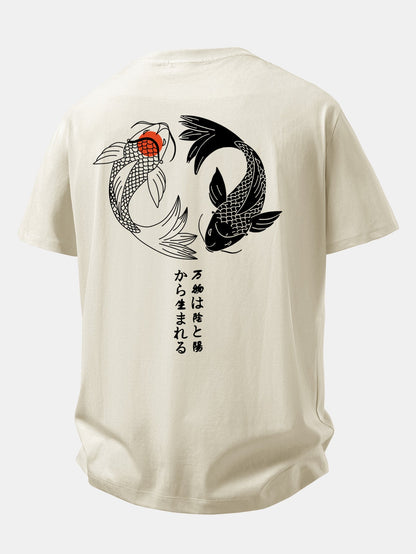 Camiseta de algodão com estampa japonesa de carpas koi e caimento confortável