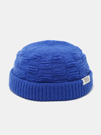 Distressed Check Knit Cuffed Short Beanie