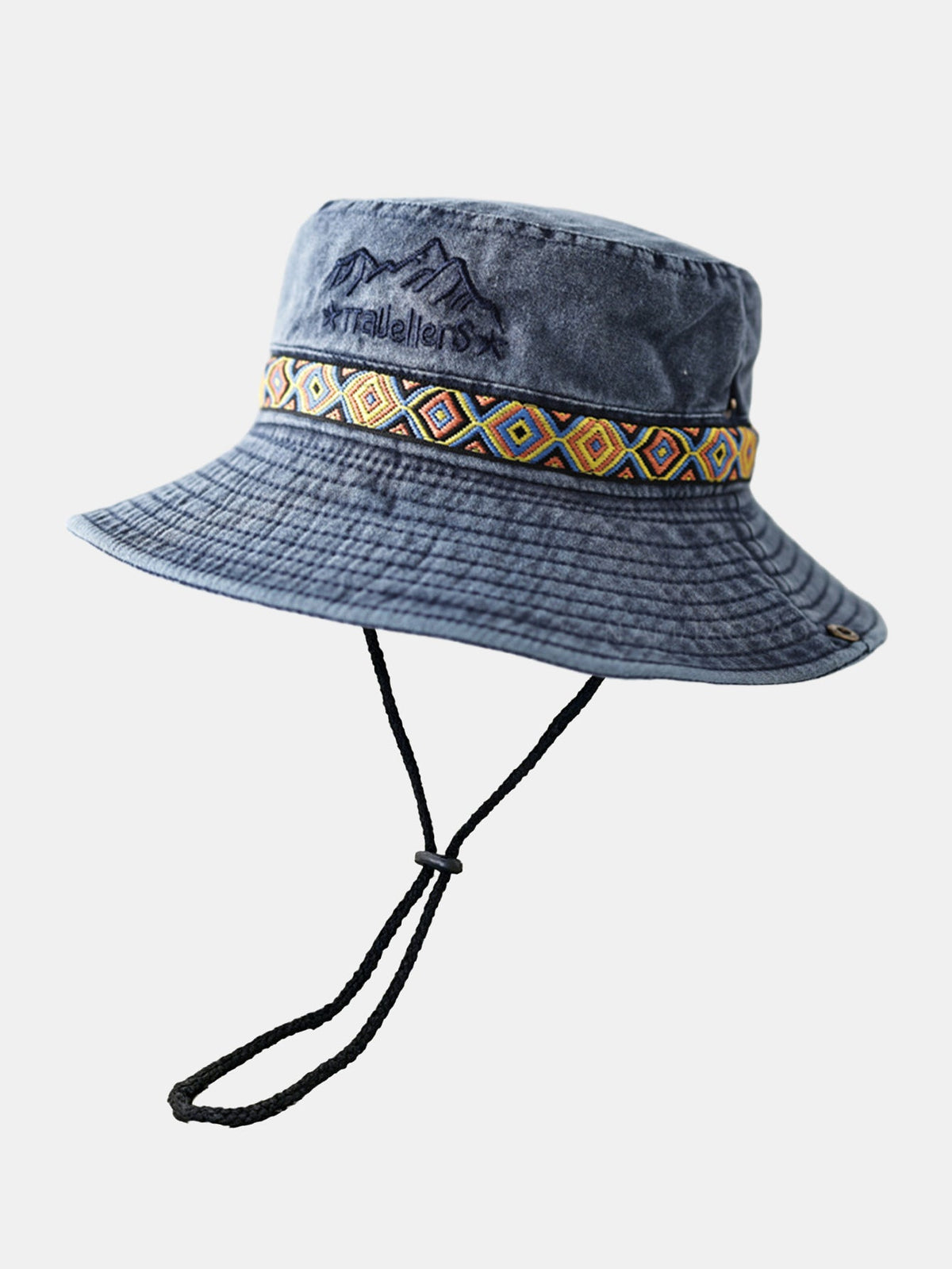 Chapéu Boonie vintage para atividades ao ar livre, com bordado de montanha, faixa étnica e proteção solar para trilhas