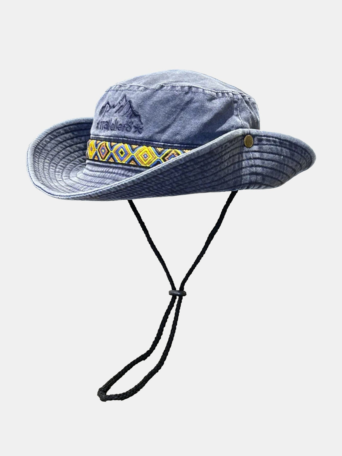 Chapéu Boonie vintage para atividades ao ar livre, com bordado de montanha, faixa étnica e proteção solar para trilhas