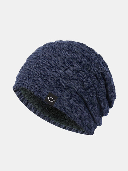 Fleece-Lined Smiley Patch Knit Beanie