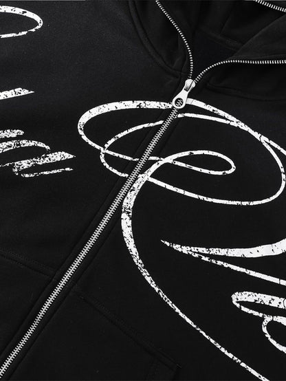 Oversized Script Print Zip Hoodie