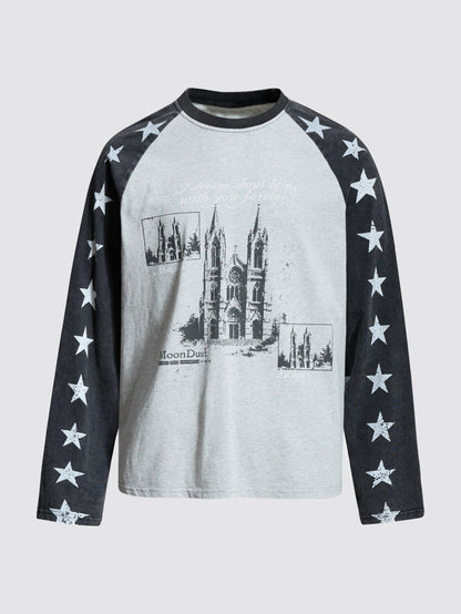 Vintage Star Print Raglan Long Sleeve T-Shirt