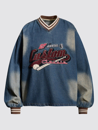 Vintage Washed Denim Baseball Embroidered Sweatshirt