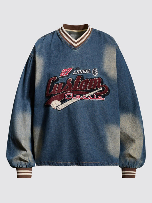 Vintage Washed Denim Baseball Embroidered Sweatshirt