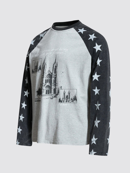 Vintage Star Print Raglan Long Sleeve T-Shirt