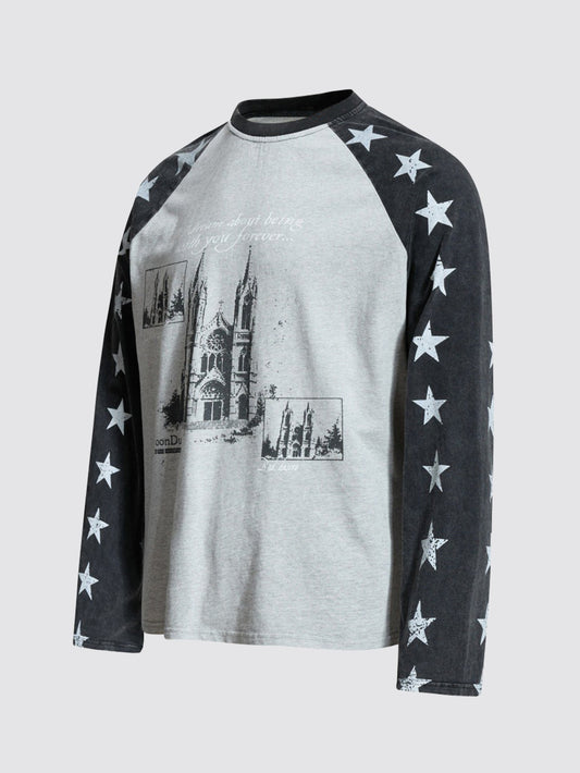 Vintage Star Print Raglan Long Sleeve T-Shirt