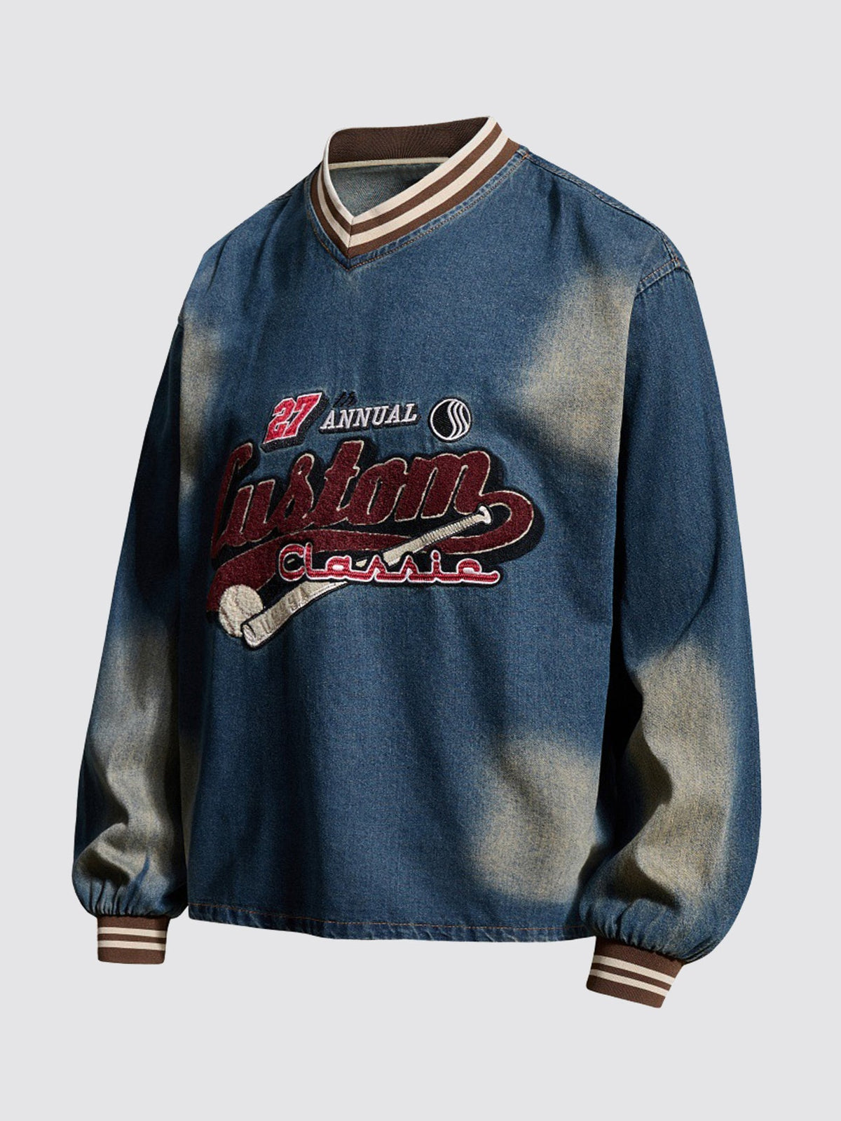 Vintage Washed Denim Baseball Embroidered Sweatshirt