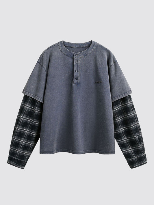 Washed Layered Plaid Boxy Henley T-Shirt