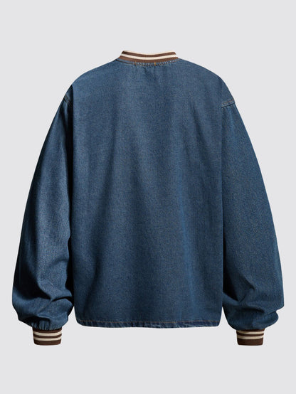 Vintage Washed Denim Baseball Embroidered Sweatshirt