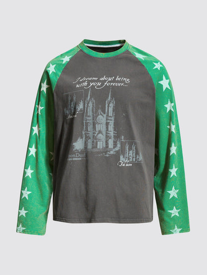 Vintage Star Print Raglan Long Sleeve T-Shirt