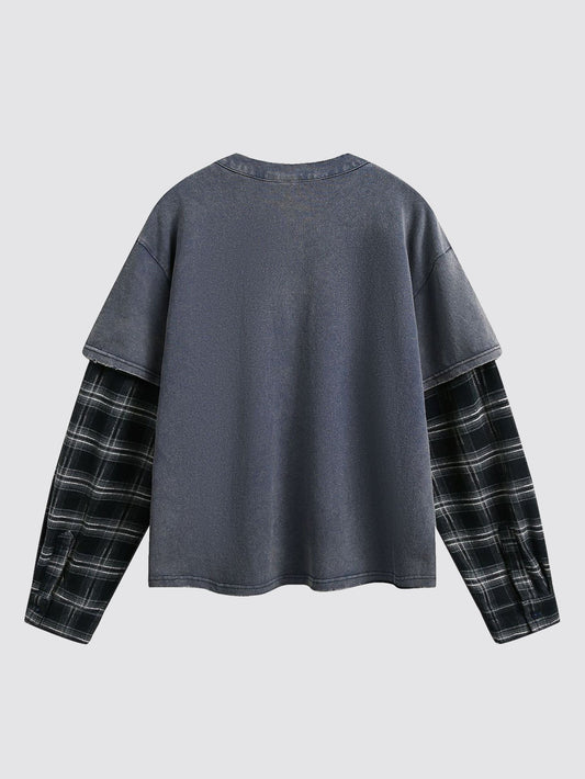 Washed Layered Plaid Boxy Henley T-Shirt