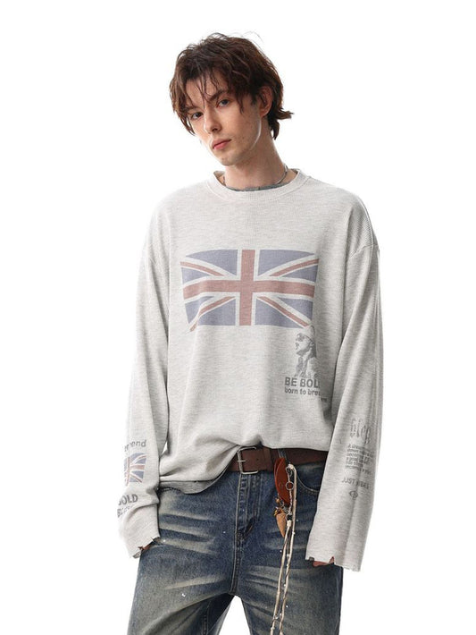 Vintage Union Jack Print Waffle Long Sleeve T-Shirt