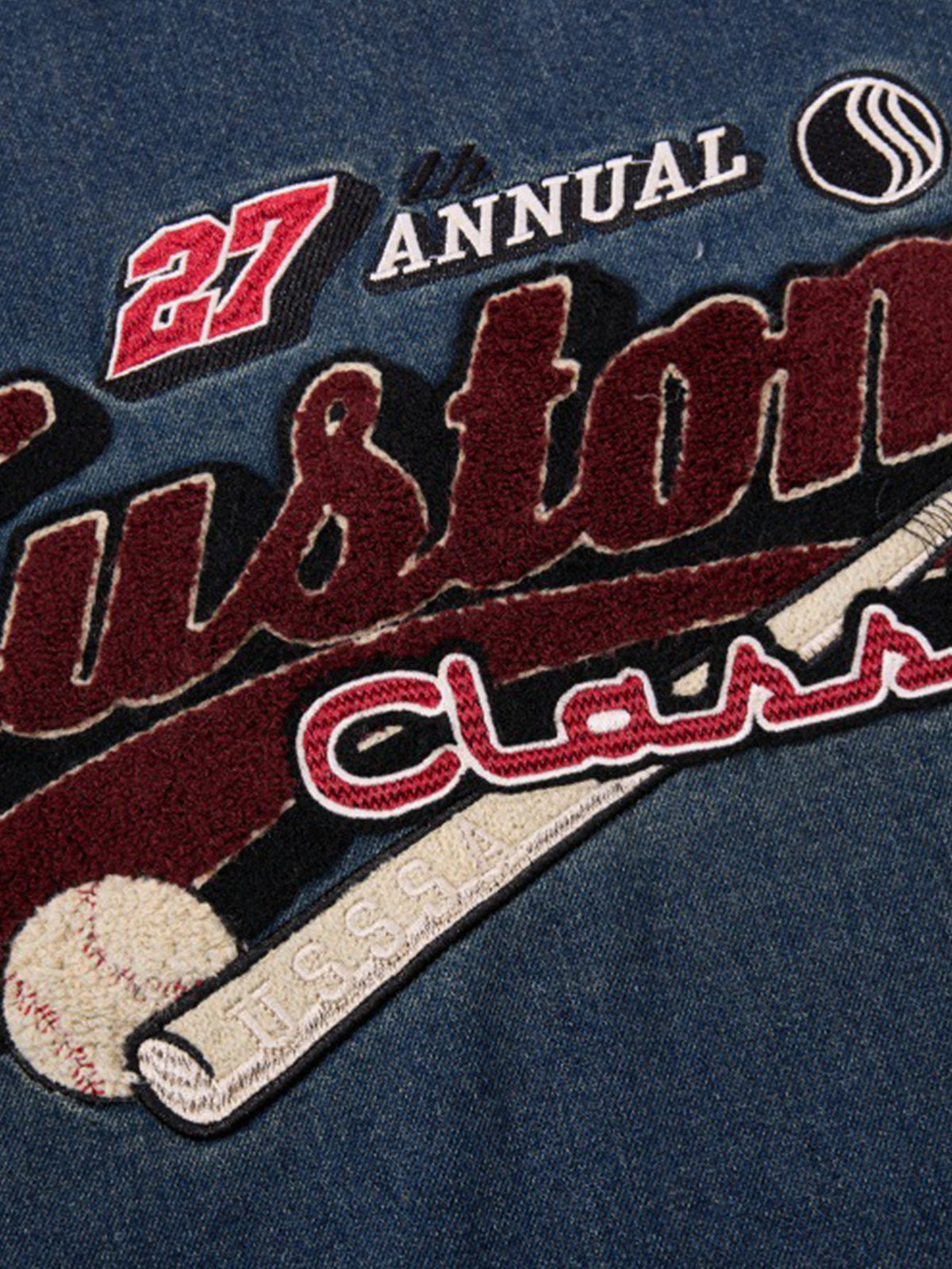 Vintage Washed Denim Baseball Embroidered Sweatshirt