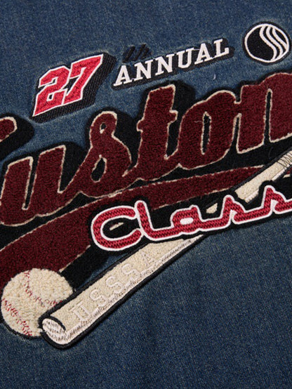 Vintage Washed Denim Baseball Embroidered Sweatshirt