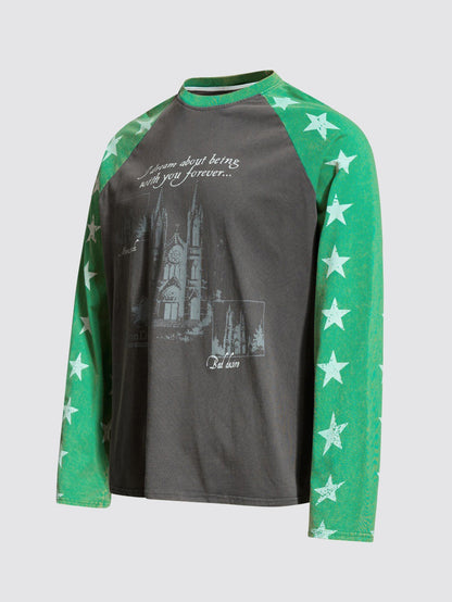 Vintage Star Print Raglan Long Sleeve T-Shirt