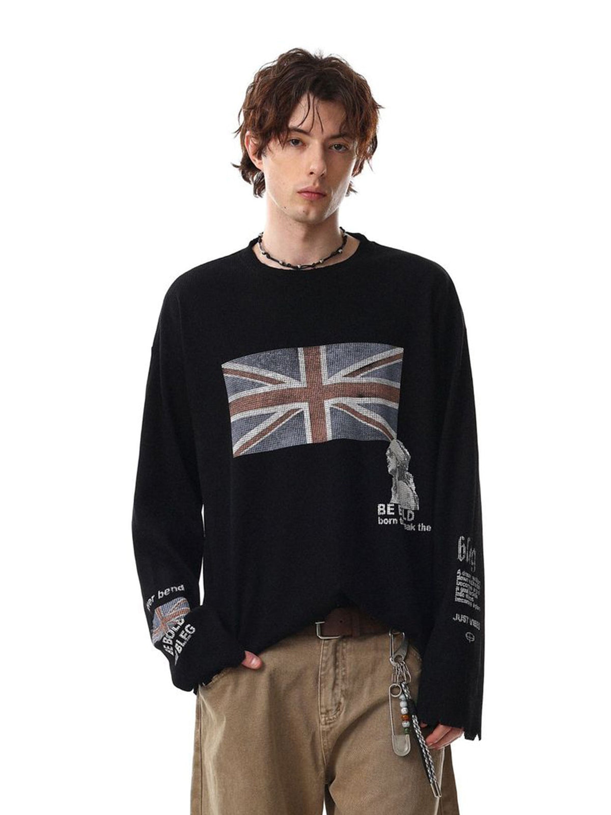 Vintage Union Jack Print Waffle Long Sleeve T-Shirt