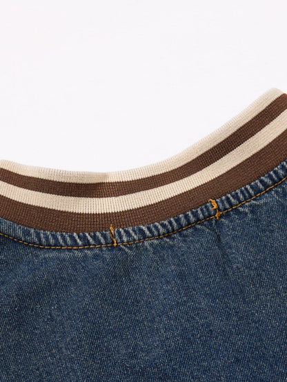 Vintage Washed Denim Baseball Embroidered Sweatshirt