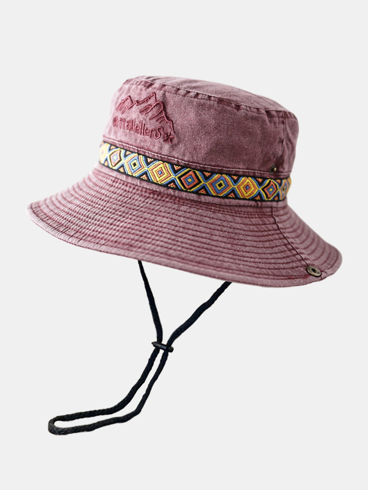Chapéu Boonie vintage para atividades ao ar livre, com bordado de montanha, faixa étnica e proteção solar para trilhas