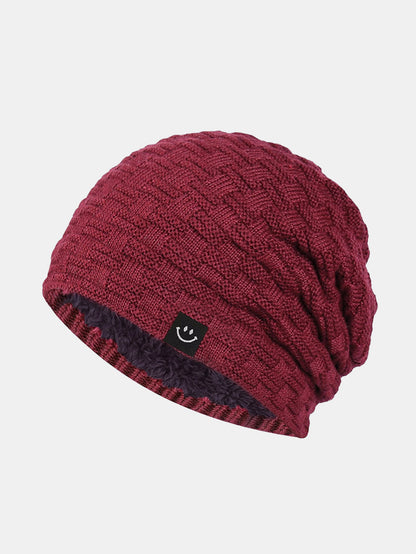 Fleece-Lined Smiley Patch Knit Beanie