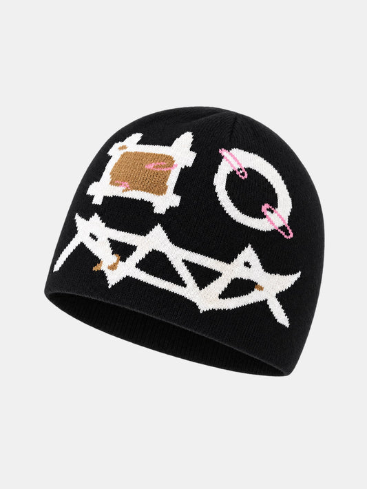 Gorro de malha com padrão de rosto de fantasma de desenho animado em estilo grunge