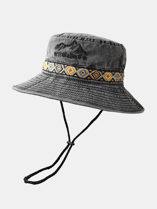 Chapéu Boonie vintage para atividades ao ar livre, com bordado de montanha, faixa étnica e proteção solar para trilhas